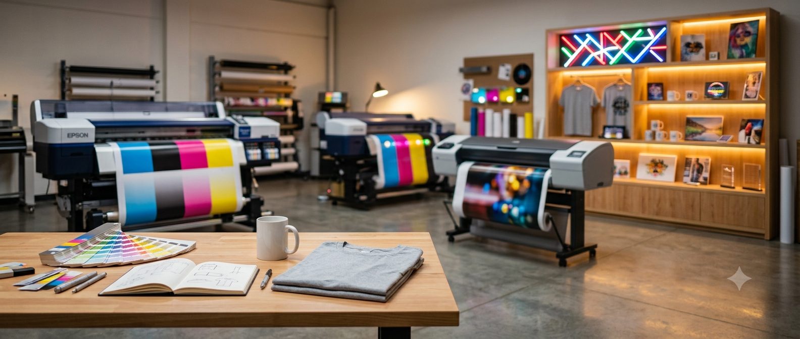 Atelier d'impression numérique avec imprimantes grand format et objets personnalisés (mugs, t-shirts, affiches)